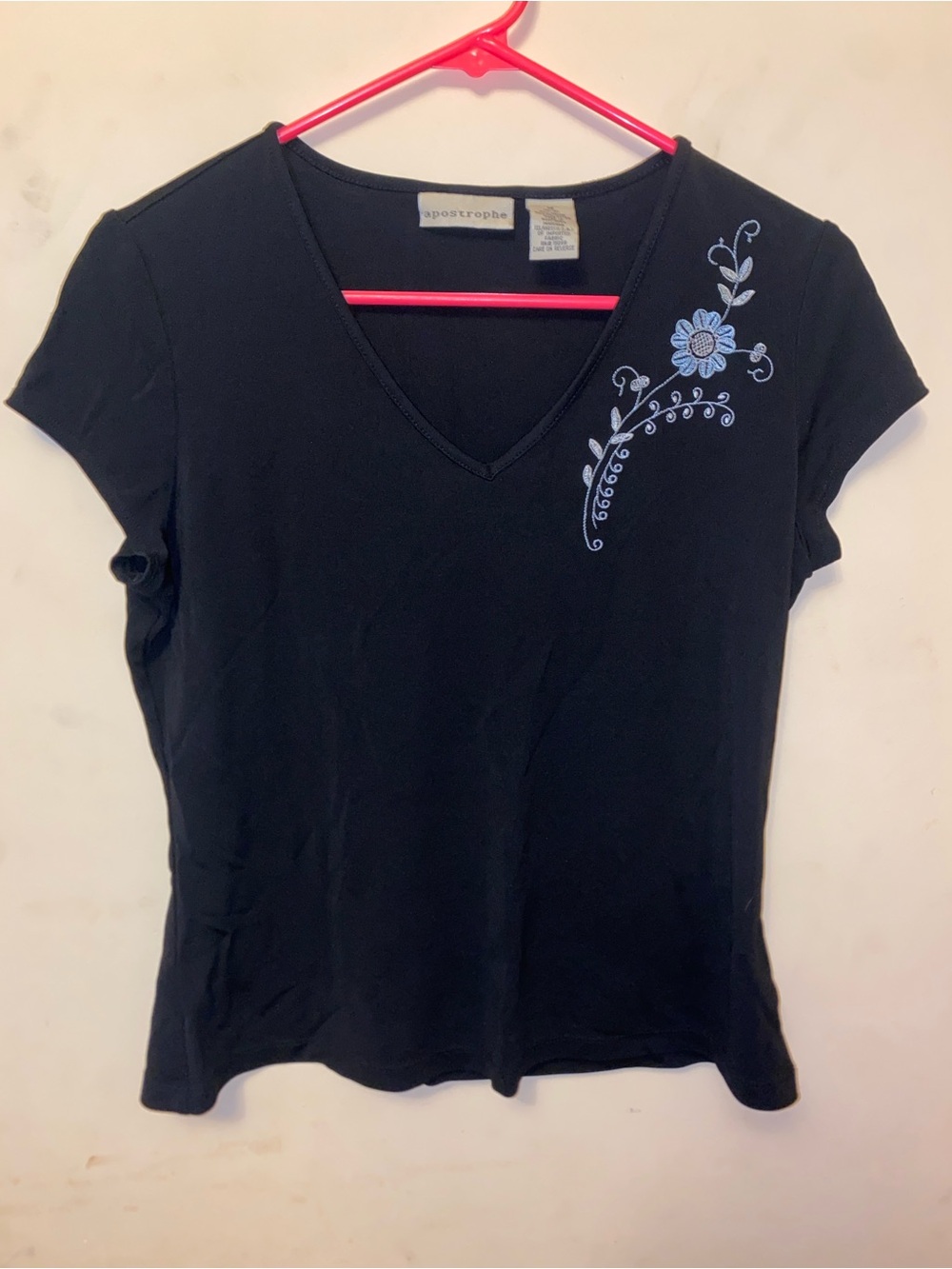 Apostrophe Black V-Neck Tee with Blue Floral Embroidery, M